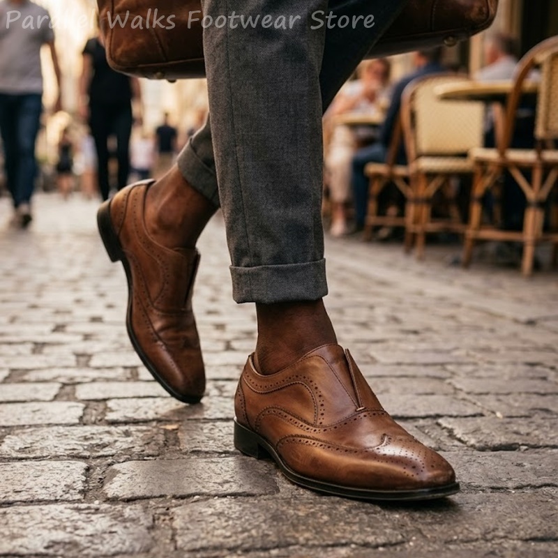 Men'S Shoes Brogues - Herren Braune Leder-Brogue-Schuhe zum Hineinschlüpfen mit
